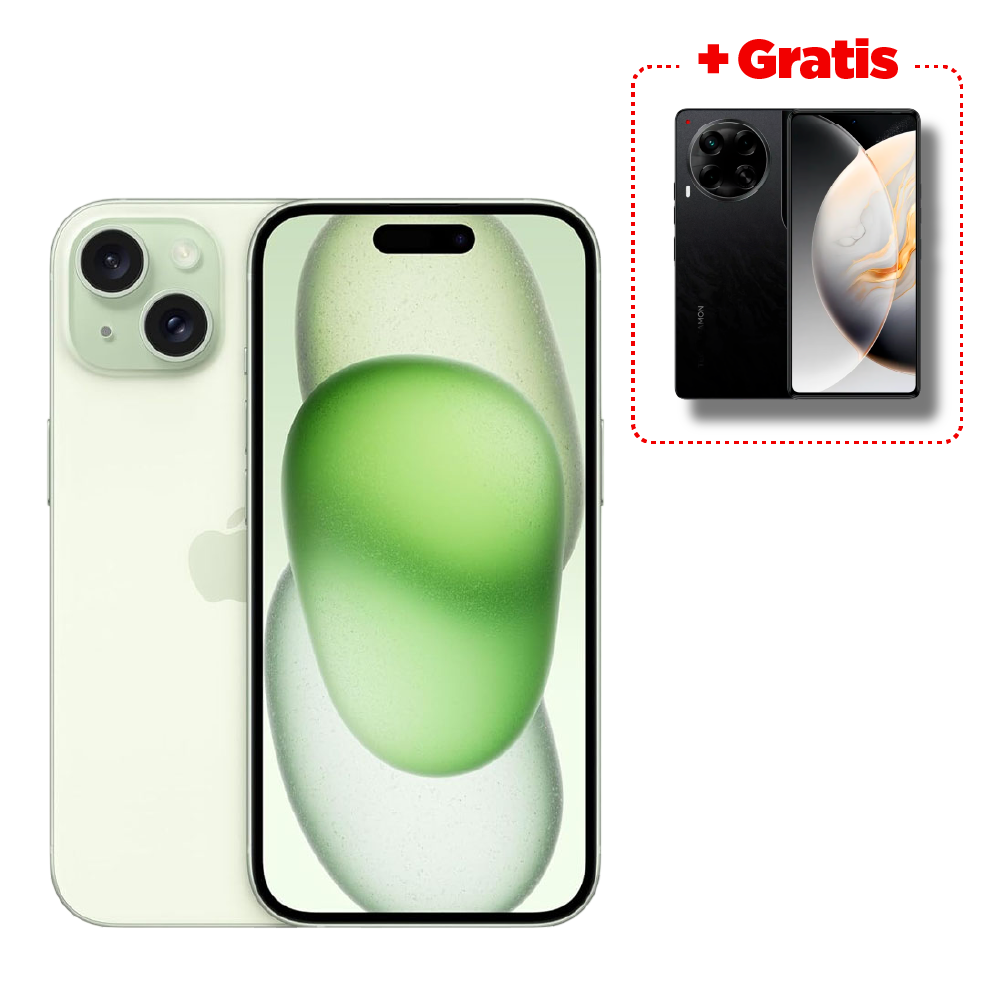 Celular Iphone 15 128 GB Verde + Celular Tecno Camon 30 256 GB Negro de regalo