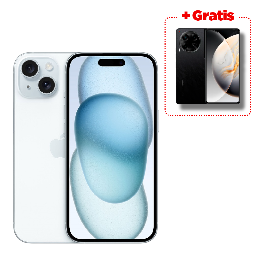 Celular Iphone 15 Azul 128 Gb + Celular Tecno Camon 30 256 GB Negro de regalo